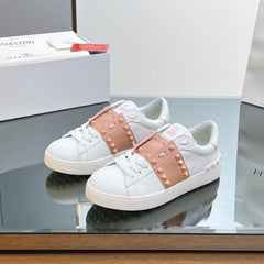 VALENTINO 25S GARAVANI ROCKSTUD UNTITLED STUDDED SNEAKERS IN WHITE MIX PINK LAMBSKIN