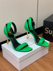 BALMAIN 25S SQUARE STRAP HIGH HEELS 100MM IN GREEN PATENT CALFSKIN