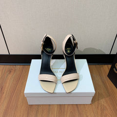 BALMAIN 25S SQUARE STRAP HIGH HEELS 100MM IN BEIGE PATENT CALFSKIN