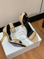 BALMAIN 25S SQUARE STRAP HIGH HEELS 100MM IN BEIGE GRAY CALFSKIN
