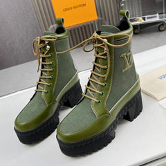 LAUREATE PLATFORM DESERT BOOT IN DARK OLIVE GREEN JACQUARD AND CALFSKIN