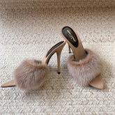 LA 16 HEELED MULES IN BEIGE RABBIT FUR AND SMOOTH LAMBSKIN