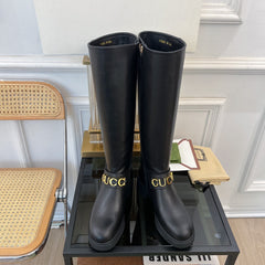 GG CLASSIC LOGO KNEE HIGH BOOTS IN BLACK CALFSKIN