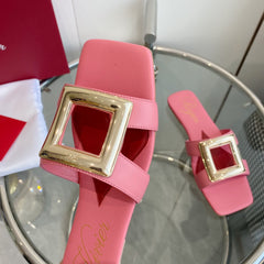 VIV' BY THE SEA LOVE METAL MULES IN PINK CALFSKIN GOLD BUCKLE