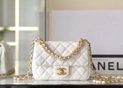 CHANEL 25S FLAP BAG 17 CM IN WHITE LAMBSKIN PEARL STRAP WITH GOLD HARDWARE
