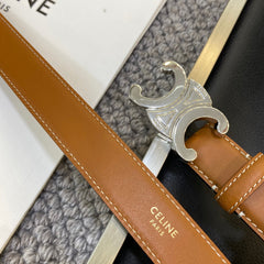 TRIOMPHE BELT 25MM IN BROWN CALFSKIN SILVER BUCKLE GOLD LOGO