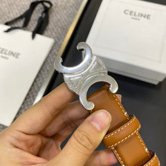 TRIOMPHE BELT 25MM IN BROWN CALFSKIN SILVER BUCKLE GOLD LOGO