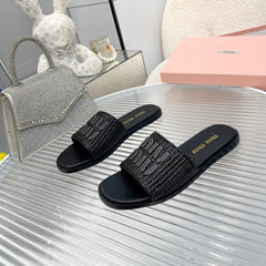 Slippers Black Leather With Sedge Straps