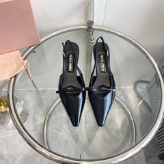 HIGH-SLINGBACK POINTED TOE SANDALS BLACK COWHIDE WITH BOW