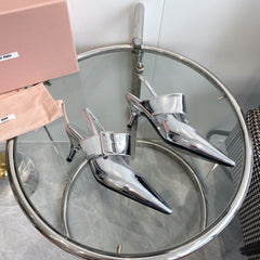 HIGH-SLINGBACK POINTED TOE SANDALS SILVER COWHIDE