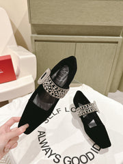 MARY JANES IN BLACK VELVET WITH CRYSTAL EMBELLISHED STRAP