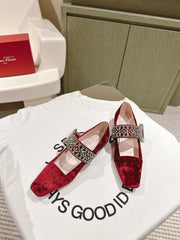 MARY JANES IN RED VELVET WITH CRYSTAL EMBELLISHED STRAP
