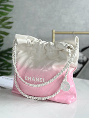 CHANEL 22 BAG 25S 42 CM IN PASTEL PINK MIX WHITE LAMBSKIN WITH WHITE HARDWARE