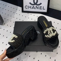 Double CC pearl platform sandals Sheepskin Black