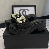 Double CC pearl platform sandals Sheepskin Black