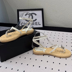 Double CC Vintage straw sandals replica designer shoe White Beige sheepskin