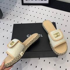 Double CC Women New Trendy Calfskin Slippers Beige Cream