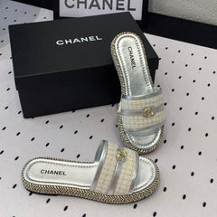 Double CC Women Silver Slippers Calfskin