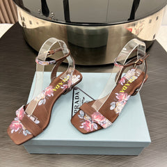 PRA TRIANGLE HEEL FLOWER MOTIF SATIN SANDALS CINNAMON