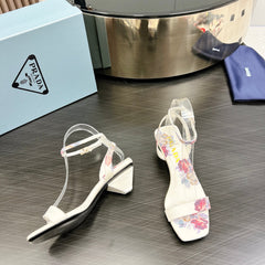 PRA TRIANGLE HEEL FLOWER MOTIF SATIN SANDALS WHITE