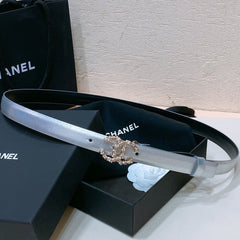 CC BELT 20MM IN SILVER GREY CALFSKIN GOLD HARDWARE ATTACH PEARLS