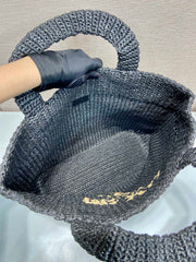 LARGE CROCHET TOTE BAG 47 IN BLACK MIX YELLOW RAFFIA