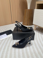 CC HIGH SLINGBACKS BLACK SATIN AND LAMBSKIN