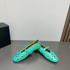 ALAIA MARY JANE SHOES IN GREEN MINT LAMBSKIN GOLD MIX SILVER HARDWARE