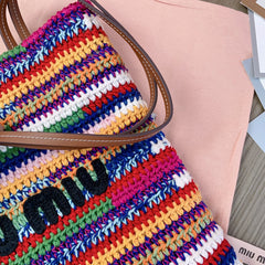 CROCHET TOTE BAG 38 IN MULTICOLORED WOVEN RAFFIA