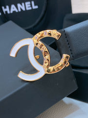 CC BELT 30MM IN BLACK SMOOTH CALFSKIN GOLD MIX WHITE METAL LOGO