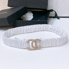 CC ELASTIC BELT 30MM IN WHITE CALFSKIN GOLD HARDWARE WITH RHINSTONES