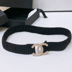 CC ELASTIC BELT 30MM IN BLACK WOOL FABRIC GOLD HARDWARE WITH RHINSTONES