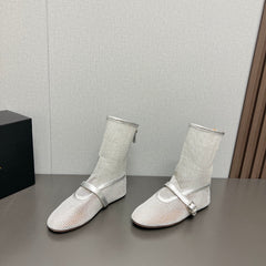 ALAIA SHORT BOOTS IN SILVER MESH FISHNET