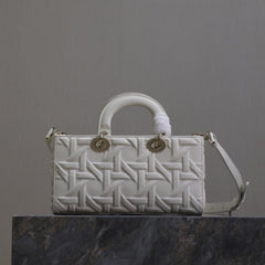 LADY D-JOY BAG 26 IN WHITE GRAPHIC CANNAGE CALFSKIN PALE GOLD-FINISH METAL CHARMS