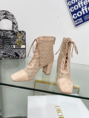 NAUGHTILY-D HEELED ANKLE BOOT IN BISQUE BEIGE CANNAGE MOTIF MESH AND SUEDE 8 CM