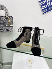 NAUGHTILY-D HEELED ANKLE BOOT IN BLACK EMBROIDERED MESH AND SUEDE 35 MM
