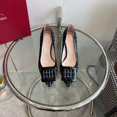 EFFLORESCENCE BALLERINAS PUMPS IN BLACK TWEED WITH FINE WHITE STRIPES EMBELLISHED CRYSTALS