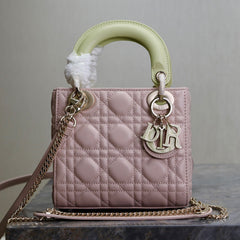 MINI LADY BAG 17 IN BABY PINK QUILTED MACROCANNAGE CALFSKIN SWAMP YELLOW STRAP