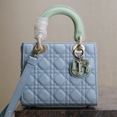 MEDIUM LADY BAG 20 IN BABY BLUE QUILTED MACROCANNAGE CALFSKIN GREEN STRAP
