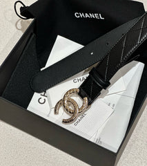 DOUBLE C BELT 30MM IN BLACK CALFSKIN EMBOSSED LOGO GOLD BUCKLE