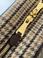 BEAU TOP HANDLE BAG 34 IN BEIGE TARTAN AND COCOA BROWN LEATHER TRIM