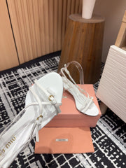 STRAP HIGH HEEL SANDALS IN WHITE SHINY LAMBSKIN