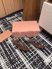 STRAP HIGH HEEL SANDALS IN CHOCOLATE SHINY LAMBSKIN