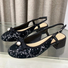 PEARL MARY JANE SLINGBACKS IN BLACK MIX WHITE TWEED 30 MM