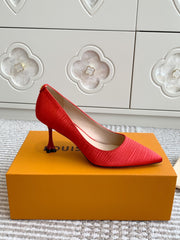 BLOSSOM PUMP 75 MM IN CHERRY RED IMPORTED STRIPED SILK SATIN