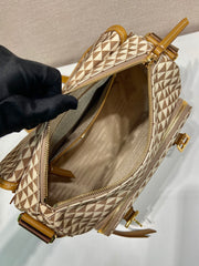 MESSENGER BAG 25 IN BROWN MIX CREAM TRIANGLE PATTERN EMBROIDERED FABRIC