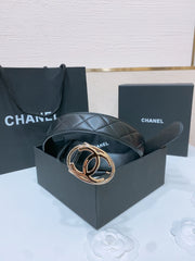 DOUBLE C BELT 38MM IN BLACK QUILTED LAMBSKIN WITH GOLD OVAL BUCKLE CENTERED LOGO