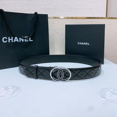 DOUBLE C BELT 38MM IN BLACK QUILTED LAMBSKIN SILVER OVAL BUCKLE CENTERED BLACK LOGO