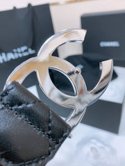 DOUBLE C 38MM IN BLACK QUILTED LAMBSKIN SILVER BUCKLE