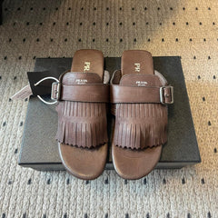 PRADA 25S SHUFFLE LEATHER THONG SANDALS IN BROWN CALFSKIN